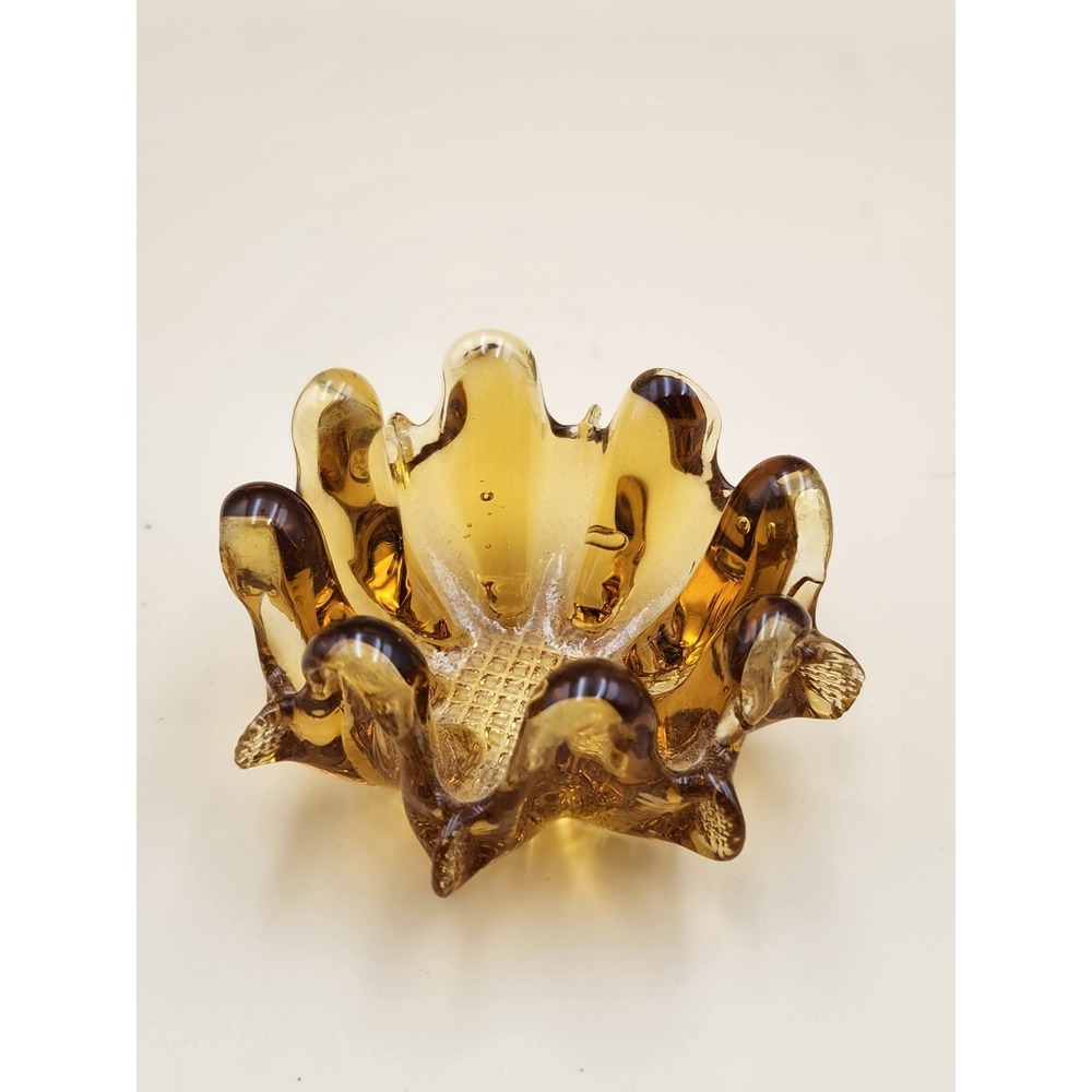 VTG MCM Amber Glass Scalloped Pinched Petal Ashtray Trinket Dish Blown Bubble